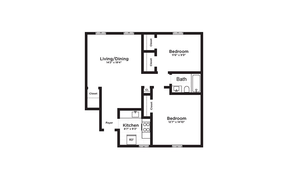 Waterfront B - 2 bedroom floorplan layout with 1 bath and 802 square feet. Waterfront B - 2 bedroom floorplan layout with 1 bath and 802 square feet.